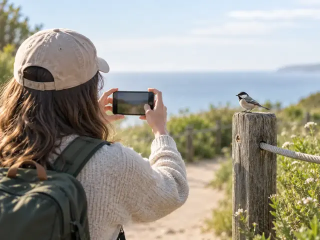 海辺で小鳥をスマートフォン撮影する後ろ姿